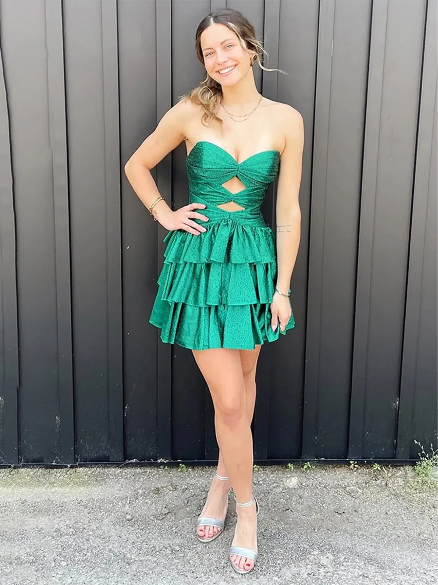 Green - A Line Sweetheart Satin Cut Out Ruffled Homecoming & Cocktail Dresses with Beads