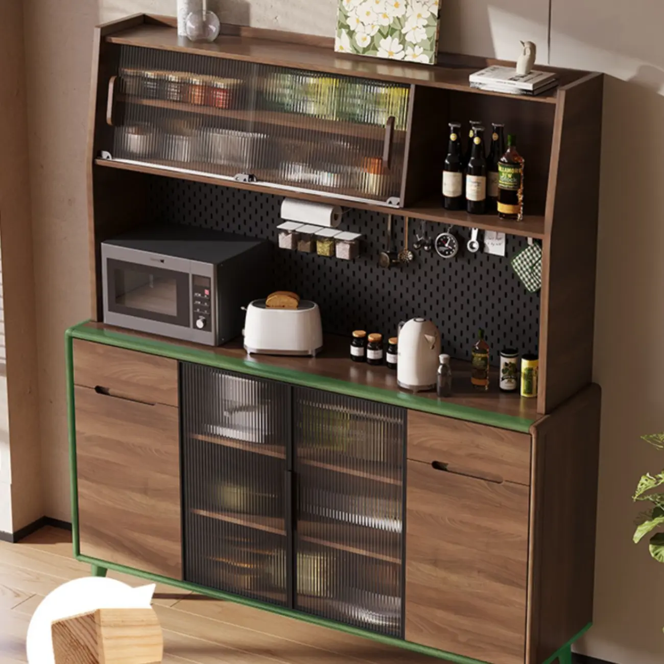Kitchen Brown Wooden Hutch Top Sideboards with Pegboard Back