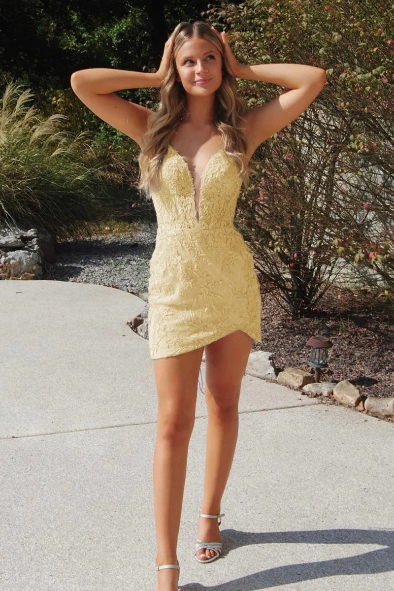 Yellow - V Neck Bodycon Short Homecoming Dresses With Appliques