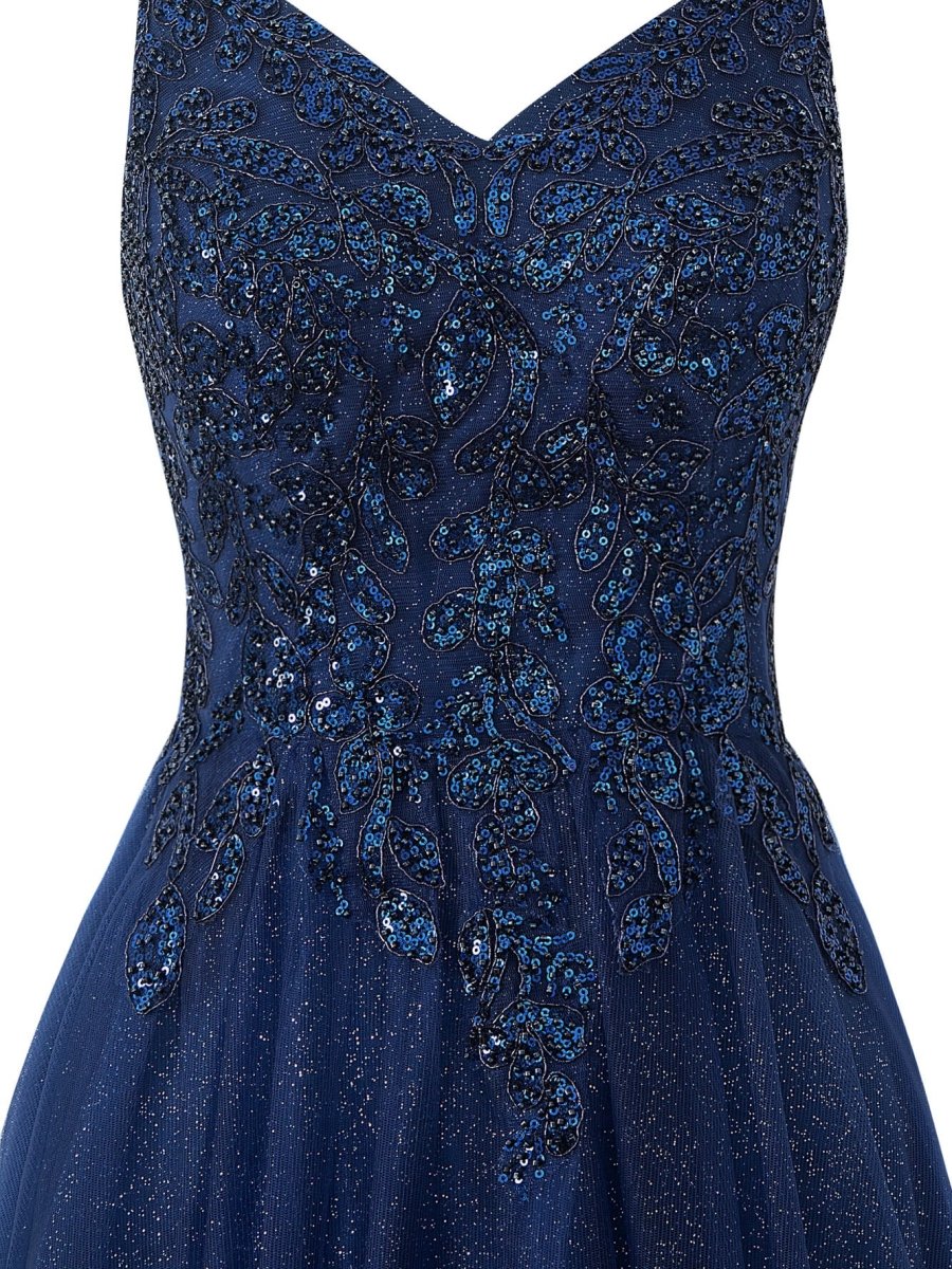 Navy Blue A-line Floor Length Glitter Tulle Prom Dress