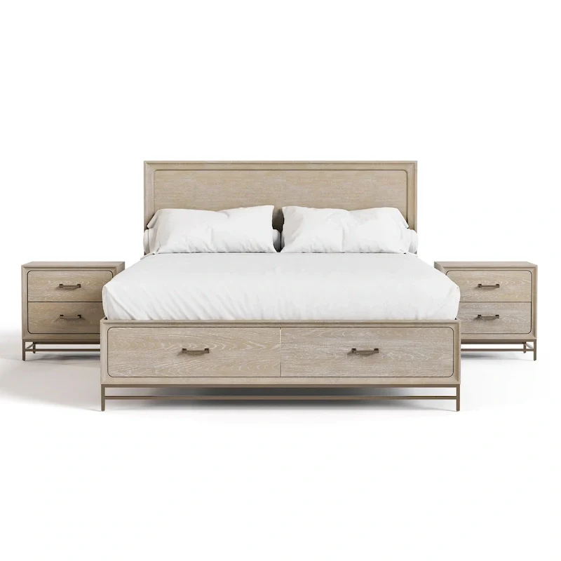 Furniture of America Drayden Transitional Oak Solid Wood 3-Piece Bed and 2 Nightstand Bedroom Set