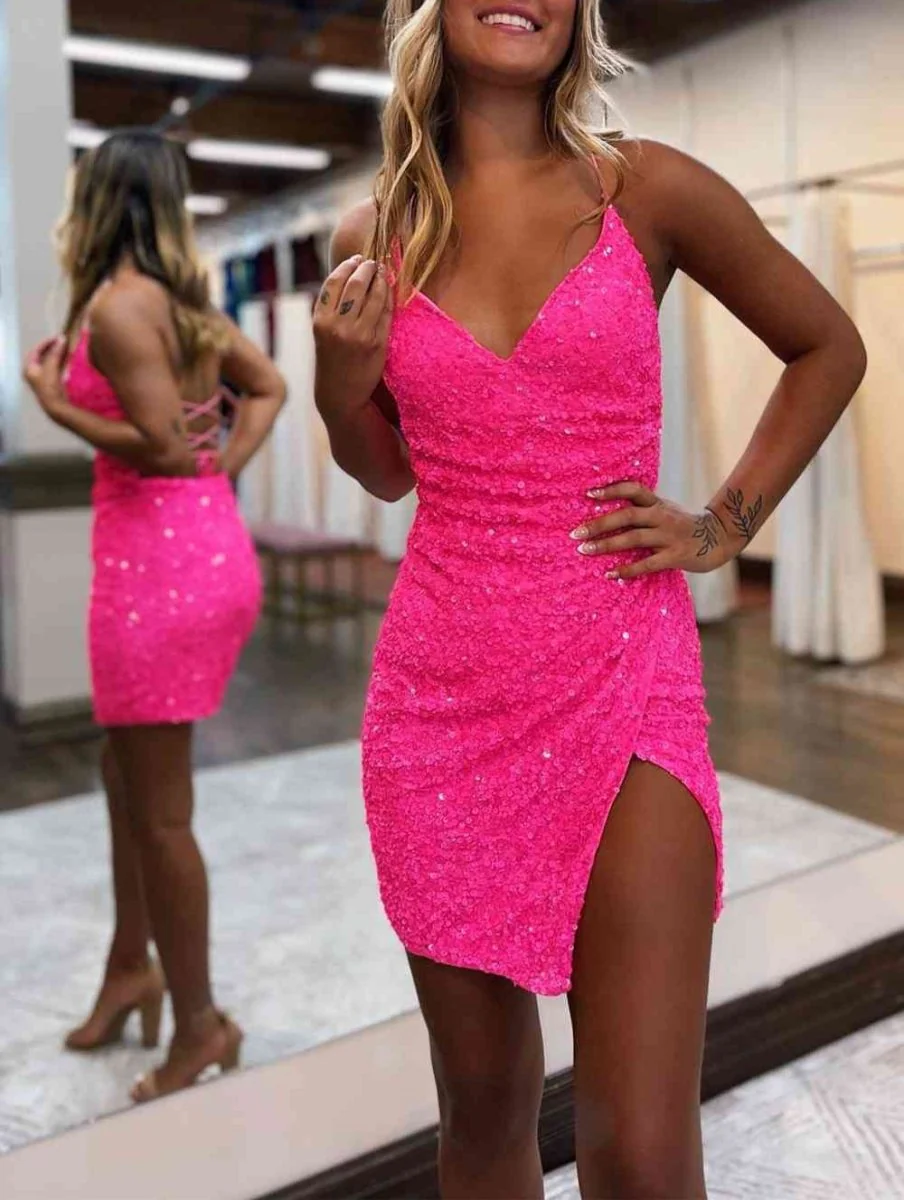 Pink Bodycon V-Neck Sequined Mini Party Dresses