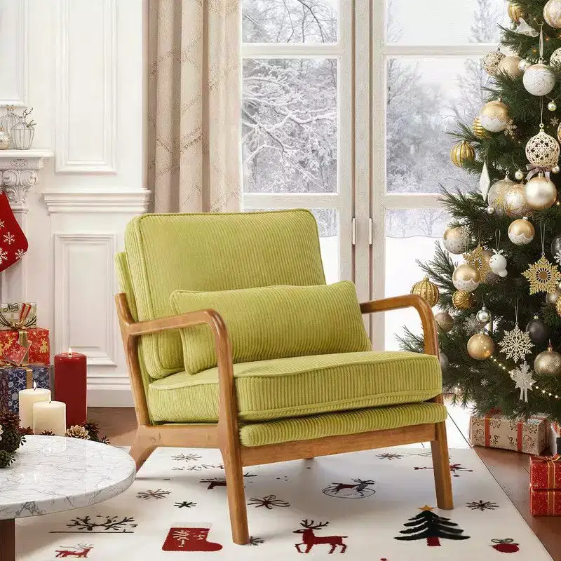 Karl Home 2Pcs Mid Century Solid Wood Accent Chair Upholstered Armchair with an Extra Pillow