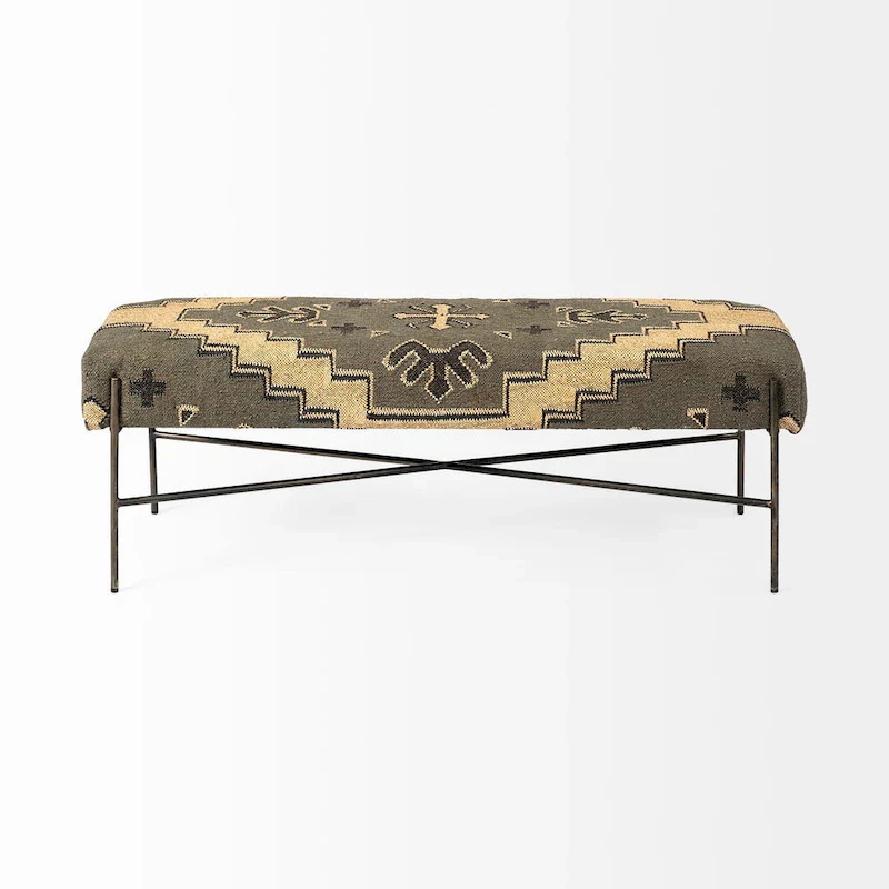 HomeRoots 55 Green Brown and Black Upholstered Abstract Cotton Blend Bench - 55
