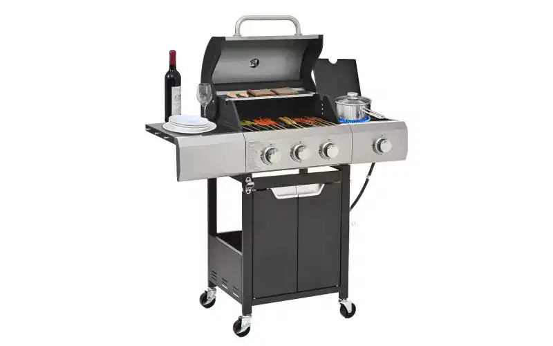 MASTGOAL 42,000 BTU Stainless Steel Propane Gas Grill with Side Burner, Cast Iron Grates, Outdoor BBQ Grill for Patio Camping