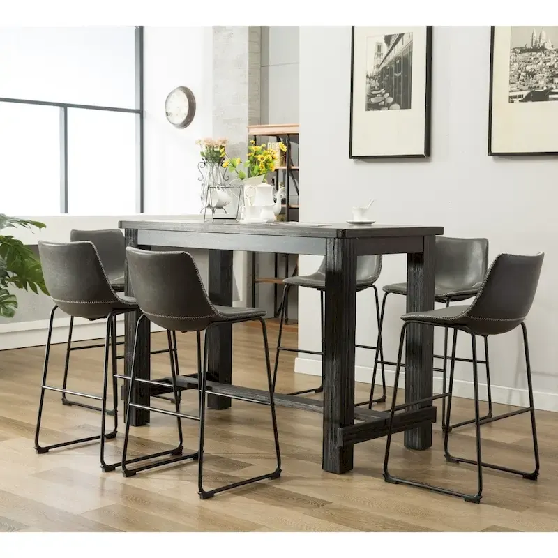 Roundhill Furniture Lotusville 7-PC Antique Black Wood Table with Faux Leather Barstools