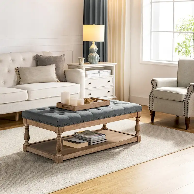 Blue / Grey / Linen / Ivory Traditional Button-Tufted Rectangular Ottoman with Storage Tray - Single Use