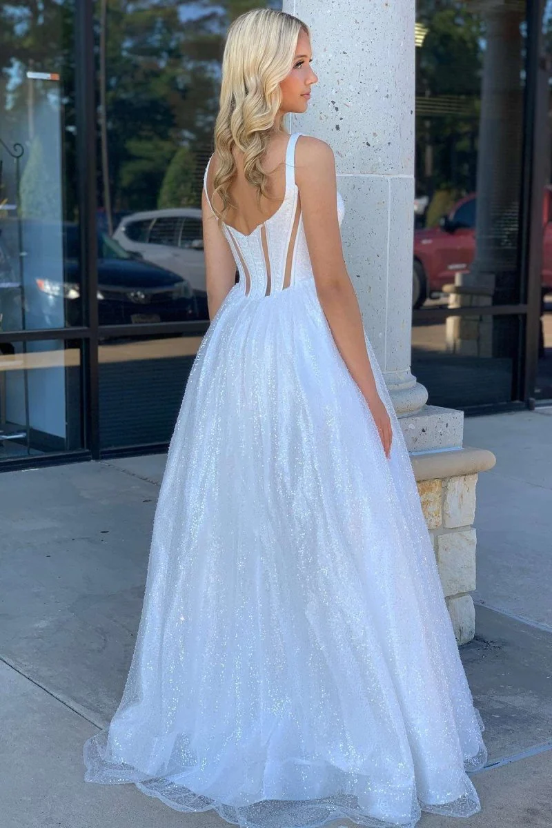 Square Neck White Tulle A-Line Prom Dress