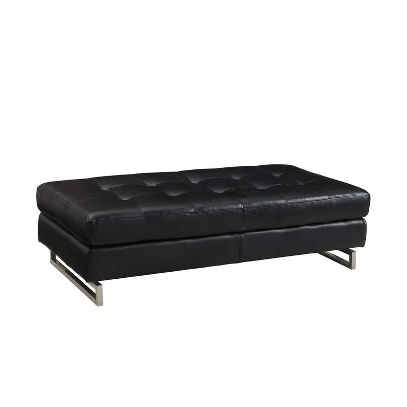 HomeRoots 63  Black Tufted Faux Leather and Silver Ottoman