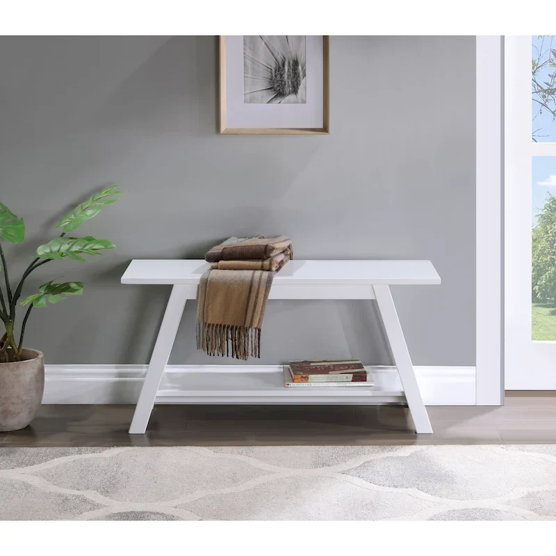 White Solid Wood Bench with Storage Shelf – Farmhouse Style, 1–2 Person Use