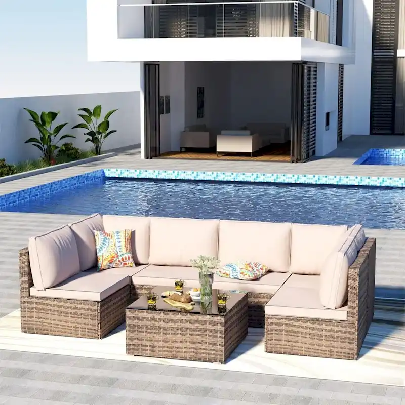 7-Piece Wicker Patio Conversation Set with Cushions and Glass Table