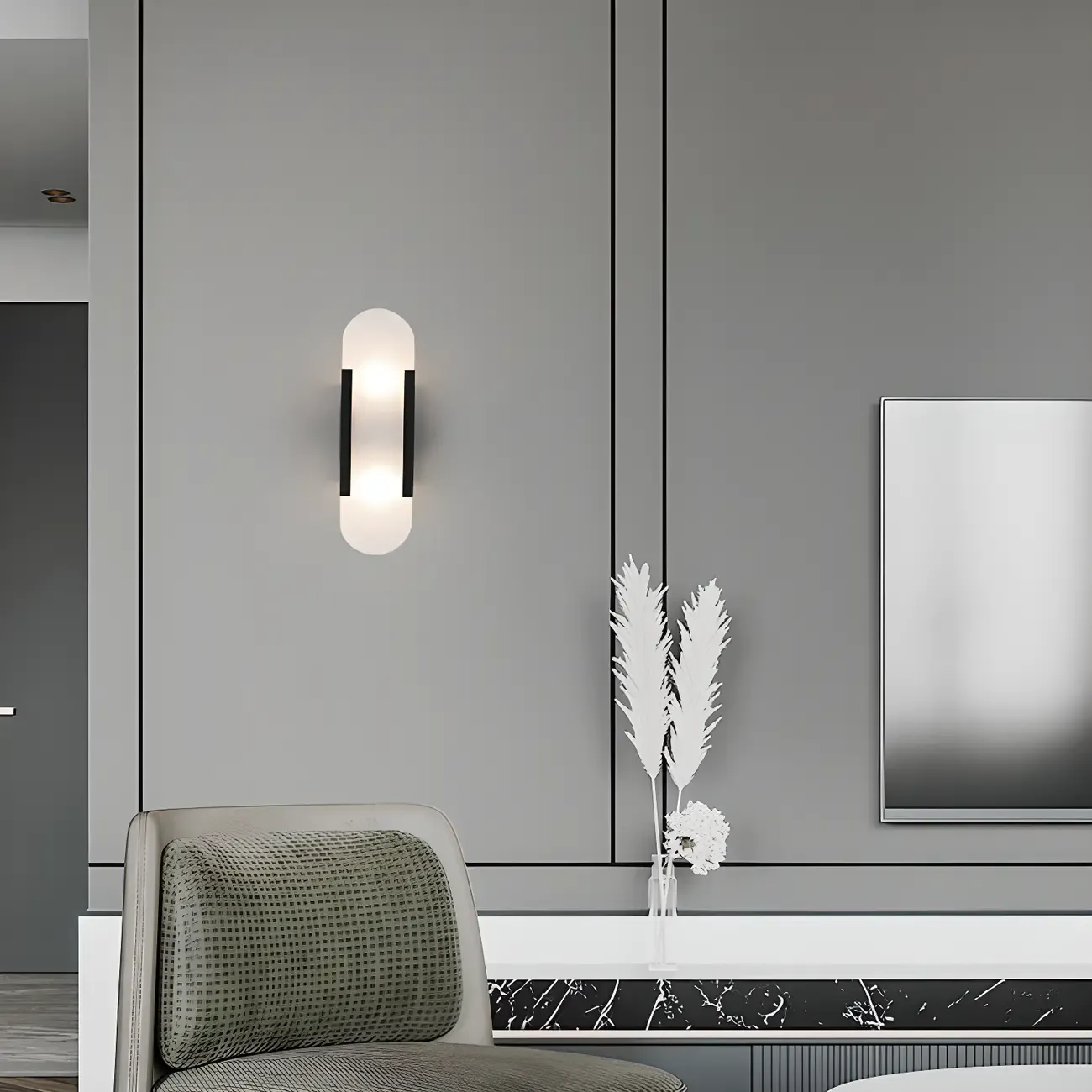 Modern Brass Oval Wall Light with Stone Chalk Shade