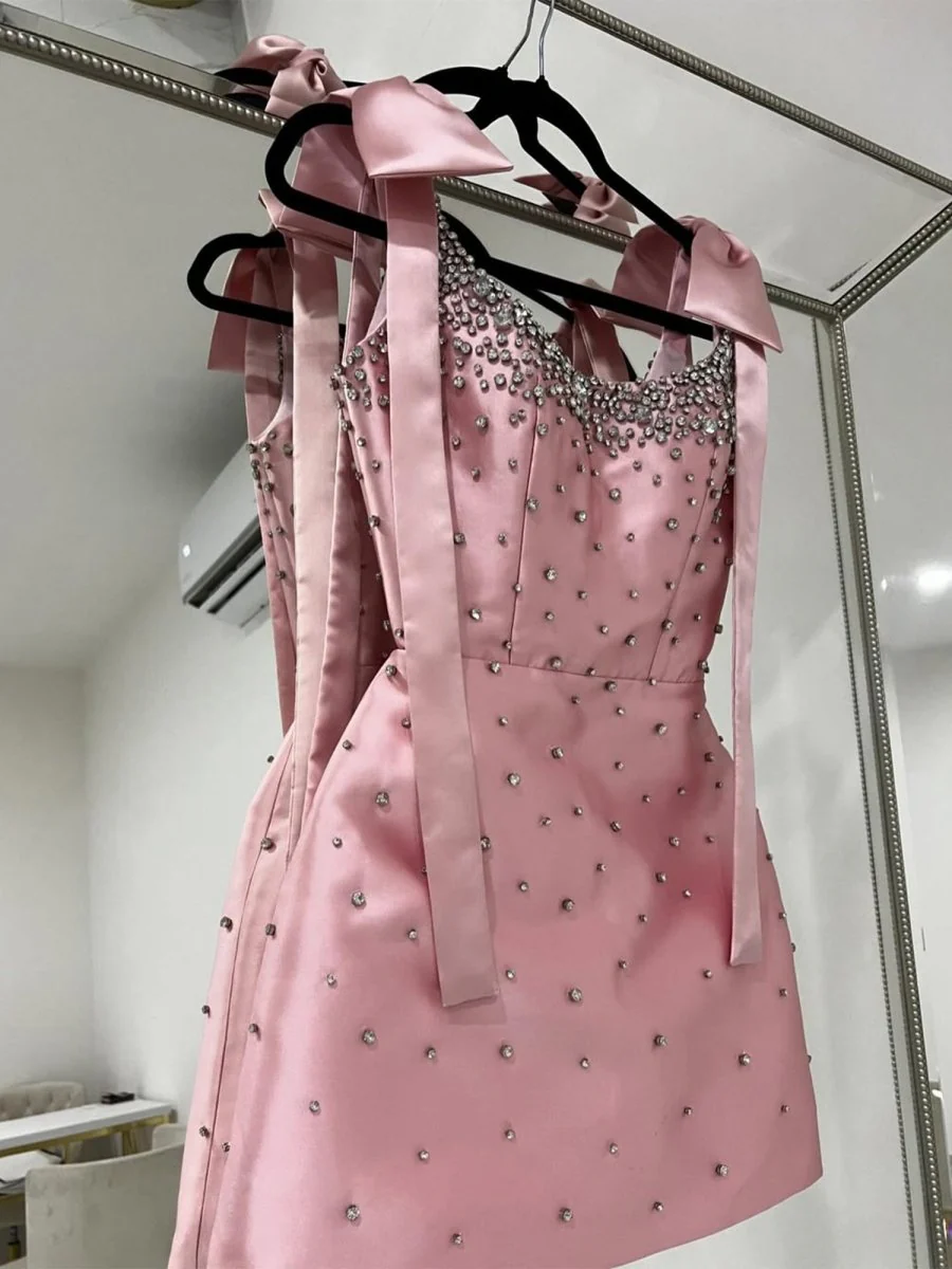 Pink Square Neck Satin Short Strapless Homecoming Dress With Bows