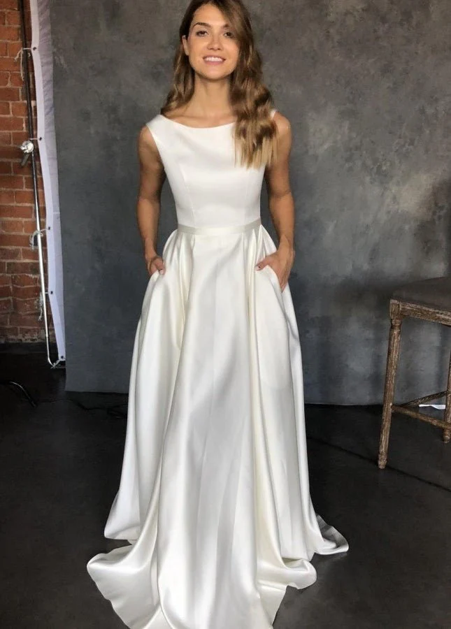 Pure White Satin Sleeveless Bridal Dresses with Pockets