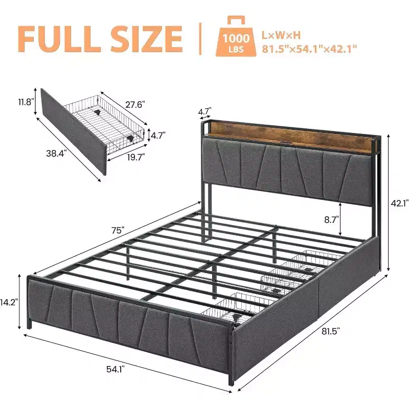Rustic Twin Bed Frame with 2 Storage Drawers, Upholstered Platform Twin Bed with Storage Headboard & Charging Station, Heavy Duty Metal Slats