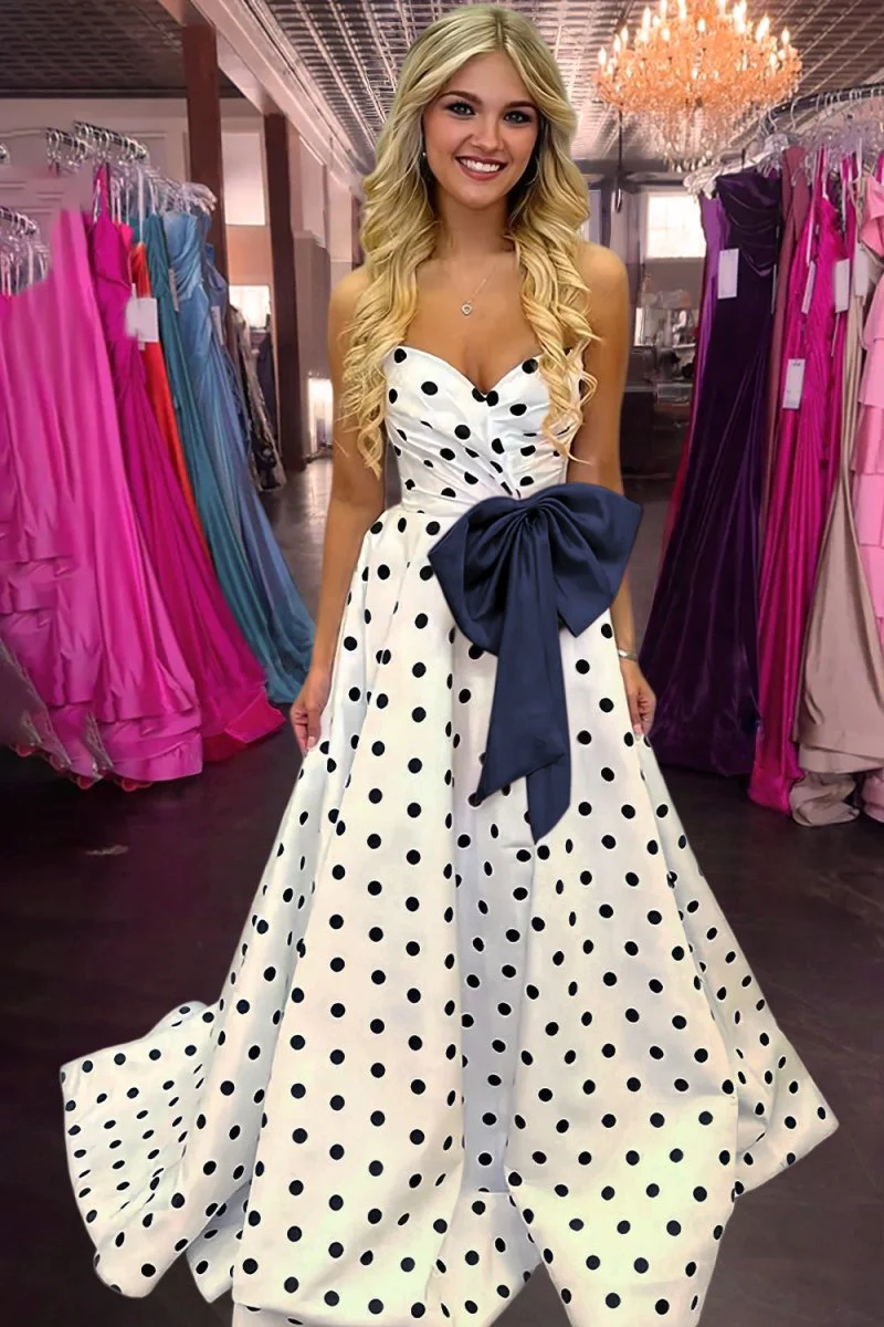 Fuchsia Strapless A Line Polka Dots Satin Long Prom Dresses With Bow