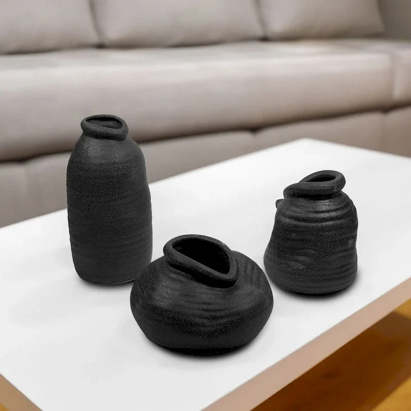 Set of Three Ceramic Black Vases