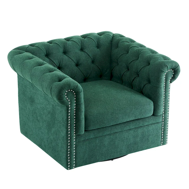 Swivel Button-Tufted Club Chair – Dark Green / Cognac, Chesterfield Style, Single Seat