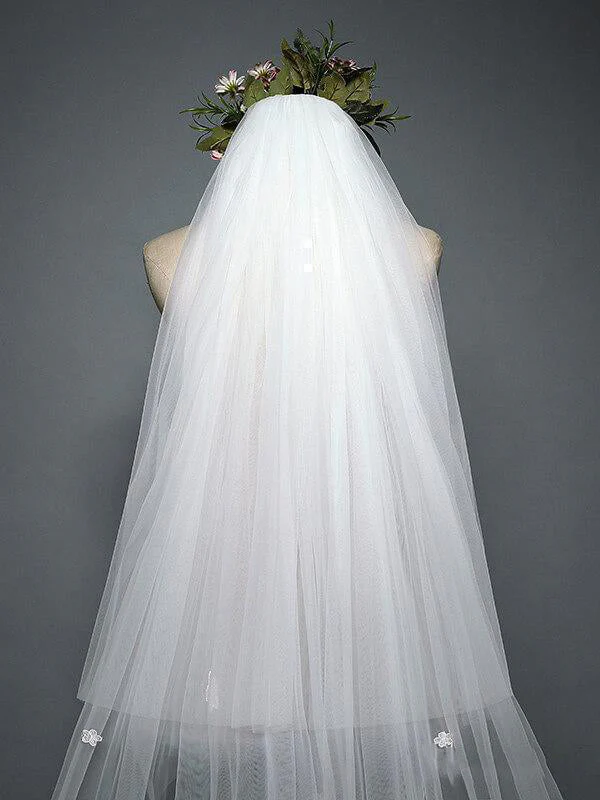 White Cathedral Veil with Blusher Lace Applique Long Wedding Veil