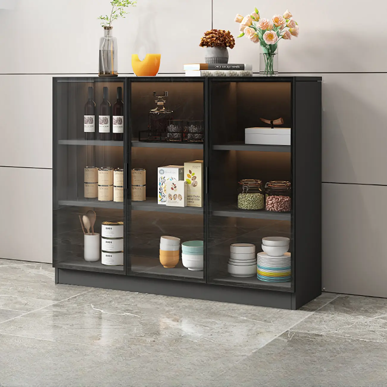 Large 3 Shelves Glass Wood Black Sideboard with LED Light