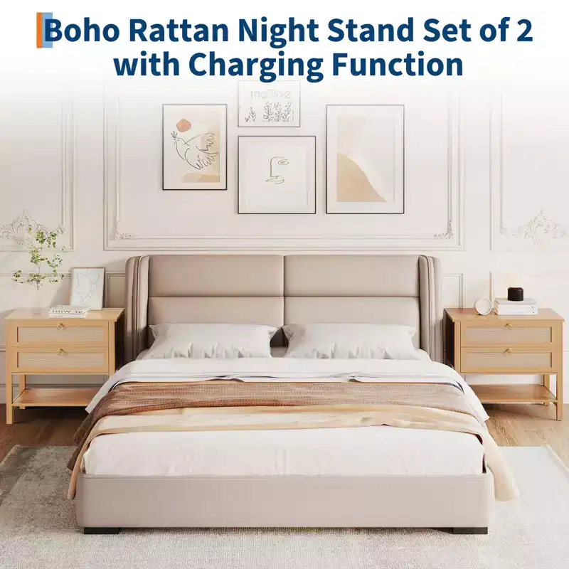 Modern Boho Rattan Nightstands Set of 2 C 2 Drawers, Storage Shelf, Farmhouse Bedside Tables, Wide Design for Bedroom, Contemporary Style
