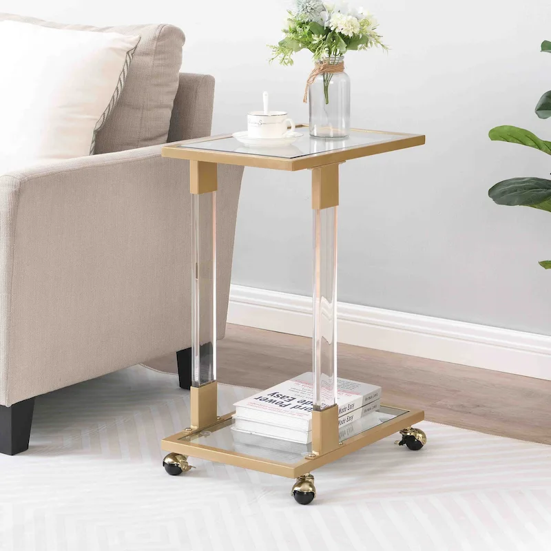 C-Shape Square Acrylic Side Table Sofa Table with Glass Top and Metal Base