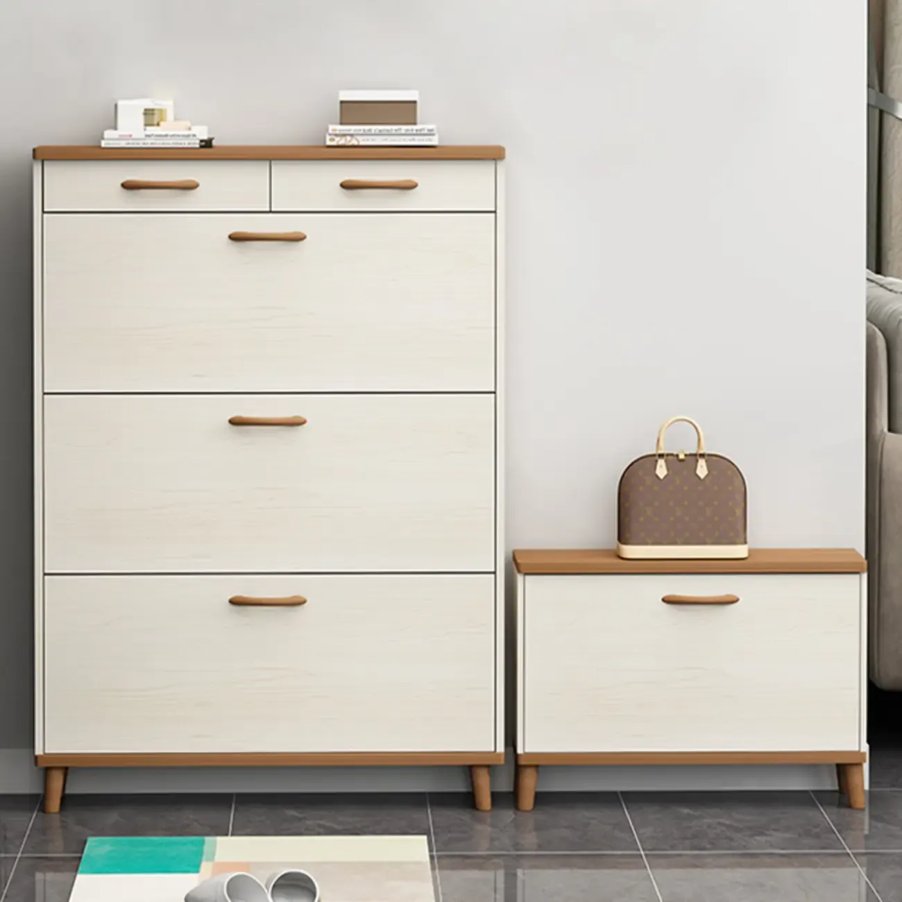 Narrow Beige Solid Wood Drop Front Shoe Cabinet