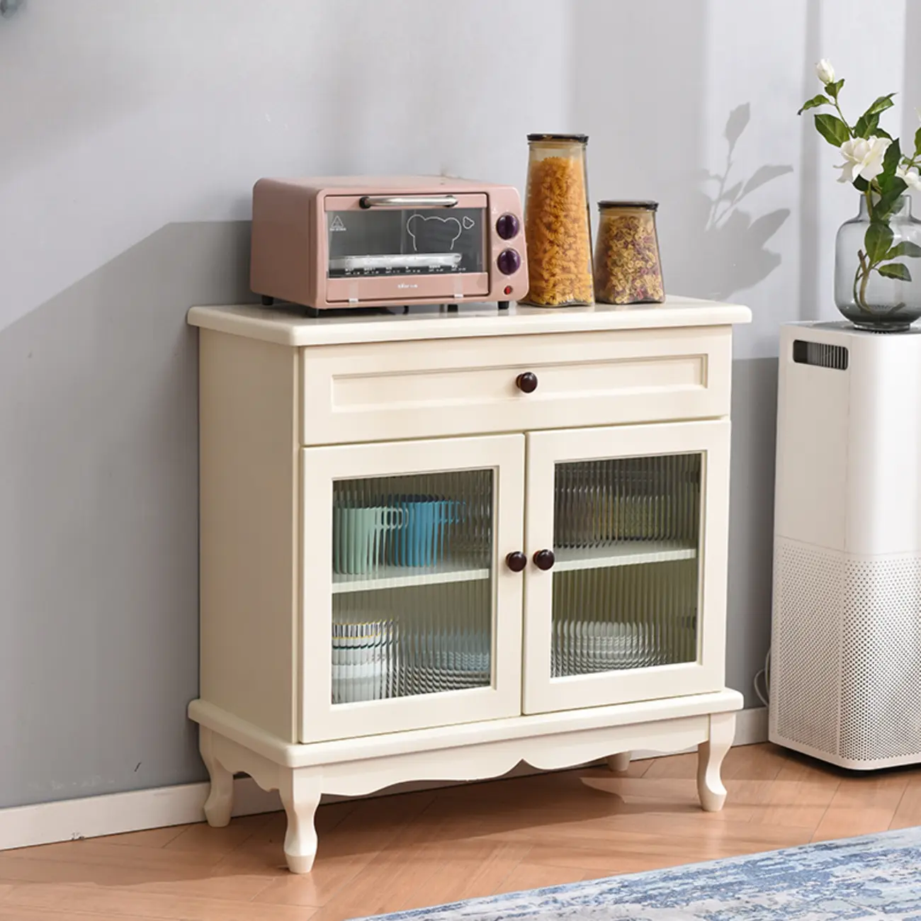 Vintage White Wood Sideboard with Glass Doors