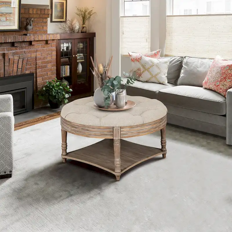 Beige Tufted Round Storage Ottoman, 1-Person, 31.5