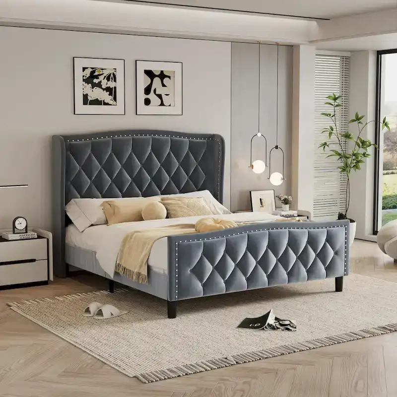 Full Size Modern Velvet Platform Bed with Wingback Headboard & Wooden Slats