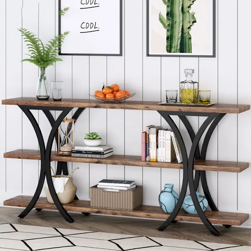 Brown / Grey / Gold / Brown-White / All Gray Industrial Narrow Console Table with X-Cross Metal Frame & 3-Tier Shelves, 70.8 Inch