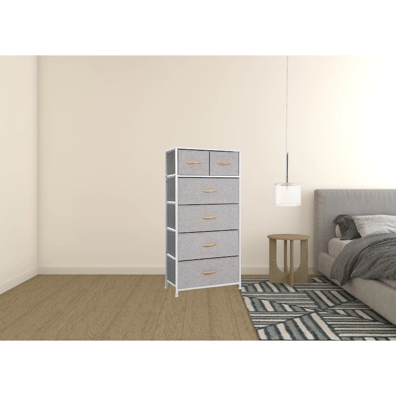 23 Brown Steel and Fabric Six Drawer Combo Dresser