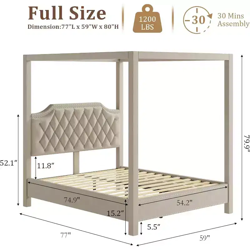 Canopy Bed Frame, Nailhead Decoration Headboard, Button Tufted, No Box Spring Required, Wood Slats Support, Noise Free