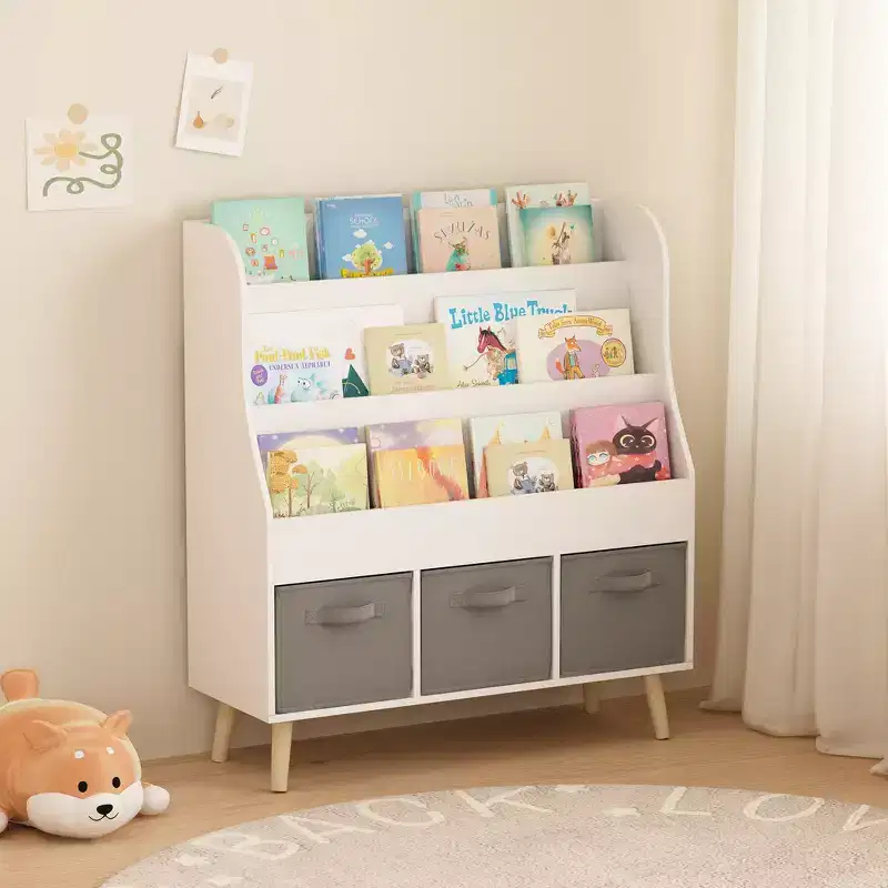 Whisen Kids Bookshelf with 3 Fabric Storage Bins, Book Display Organizer, Front-Facing Book Rack with Pine Legs - White
