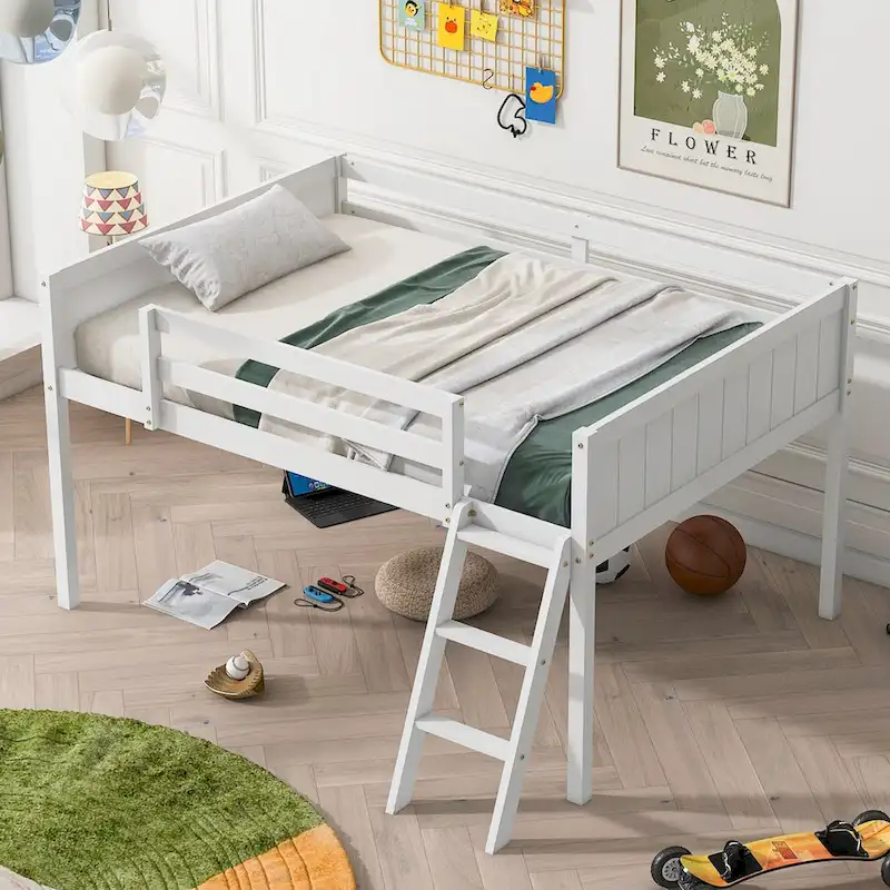 Full Size Wood Low Loft Bed with Ladder, ladder can be placed on the left or right