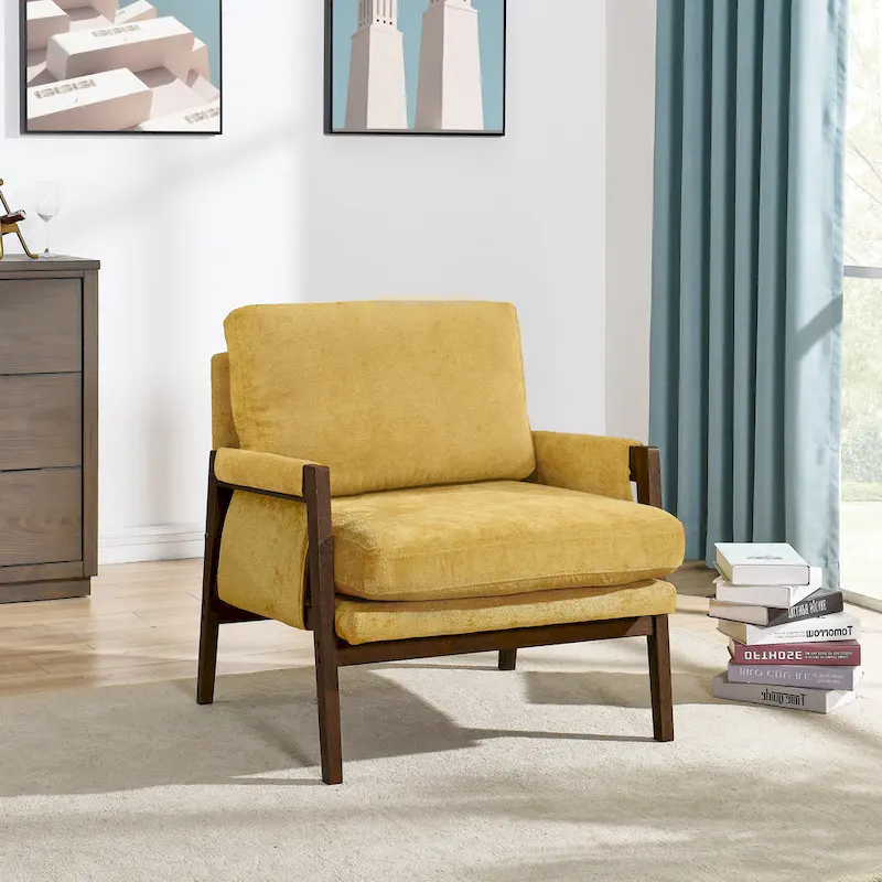 Yellow Velvet Armchair with Rubberwood Frame and Padded Feet