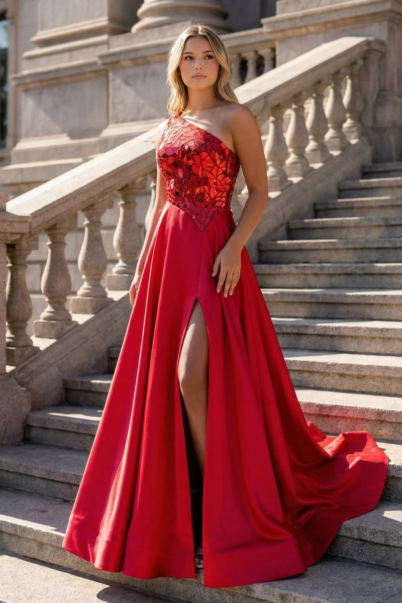A Line One Shoulder Sequins Long Prom Dress with Slit