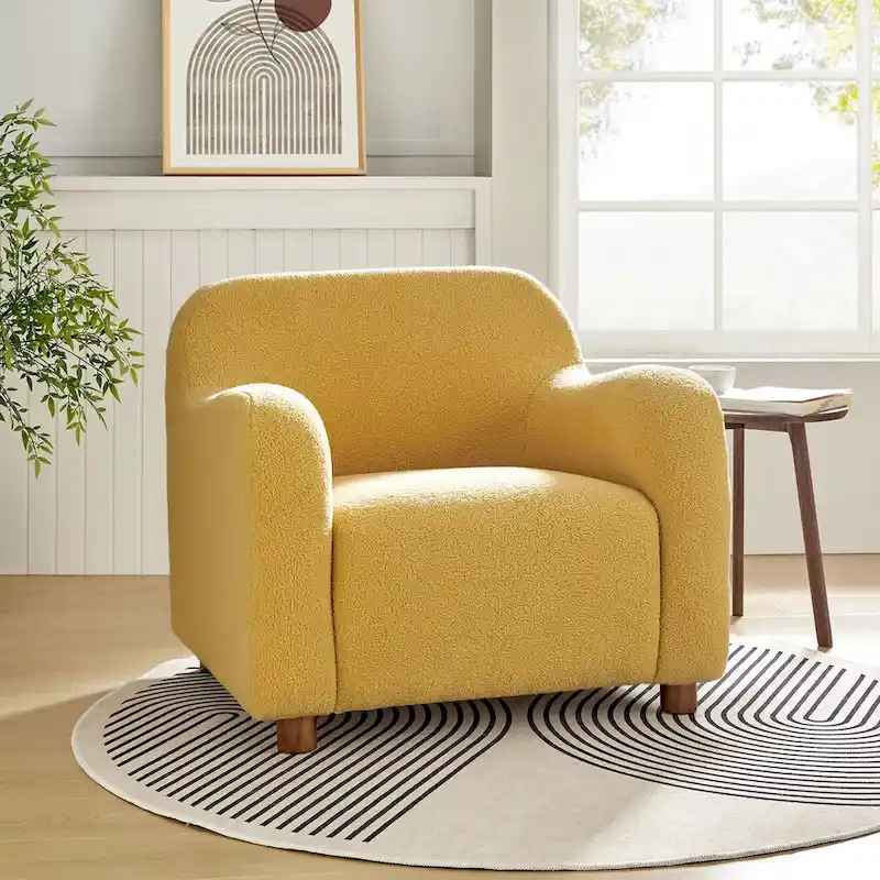 Wayne 35  Wide Boucle Upholstered Teddy Accent Chair with Solid Wood Legs by HULALA HOME