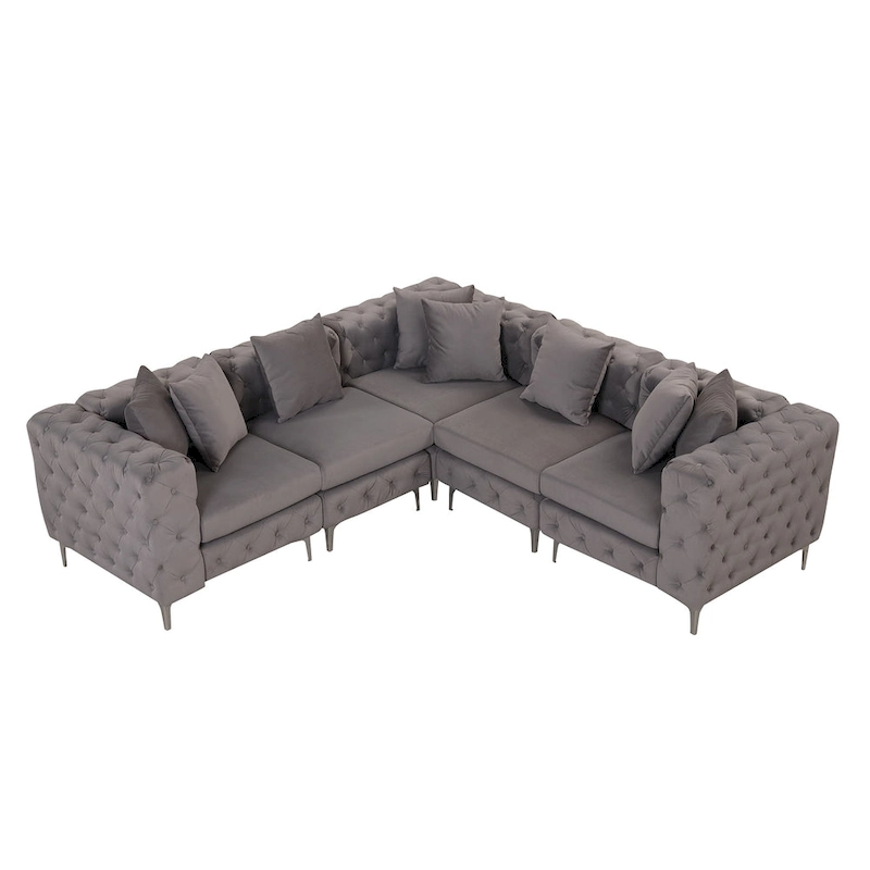 Large L-Shaped Modular Sofa, 5-Seat Velvet Sectional Couch