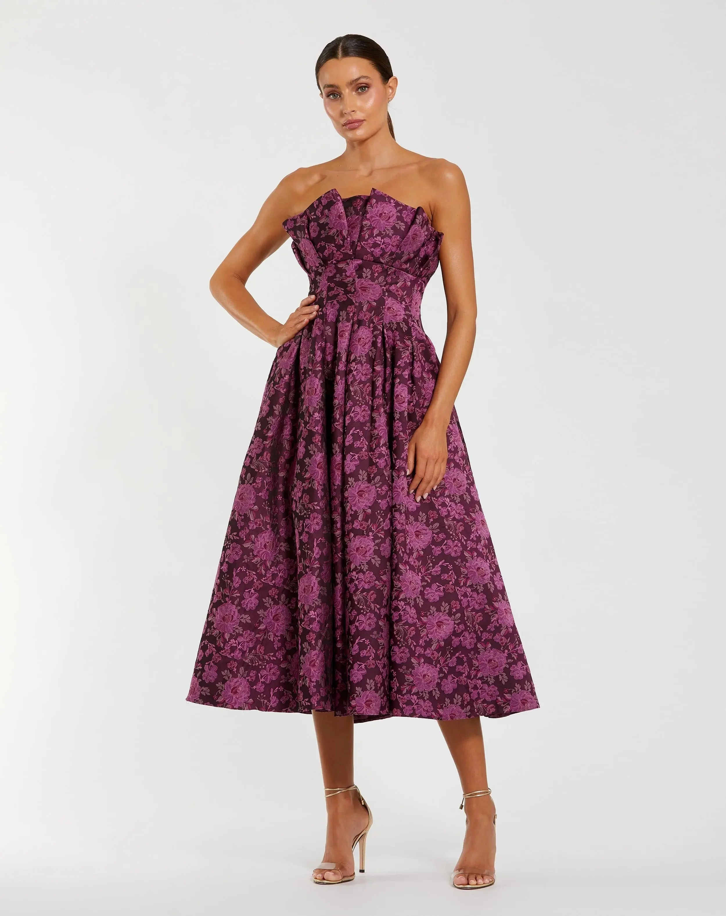 Purple Strapless Floral Brocade A-line Midi Dress
