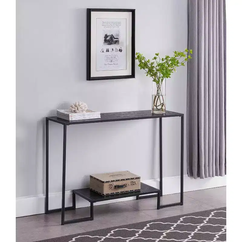 Kings Brand Furniture  Vidal Modern Metal/Wood Console Sofa Table with Storage Shelf, Black/Grey- Perfect for Entryways and Living Rooms