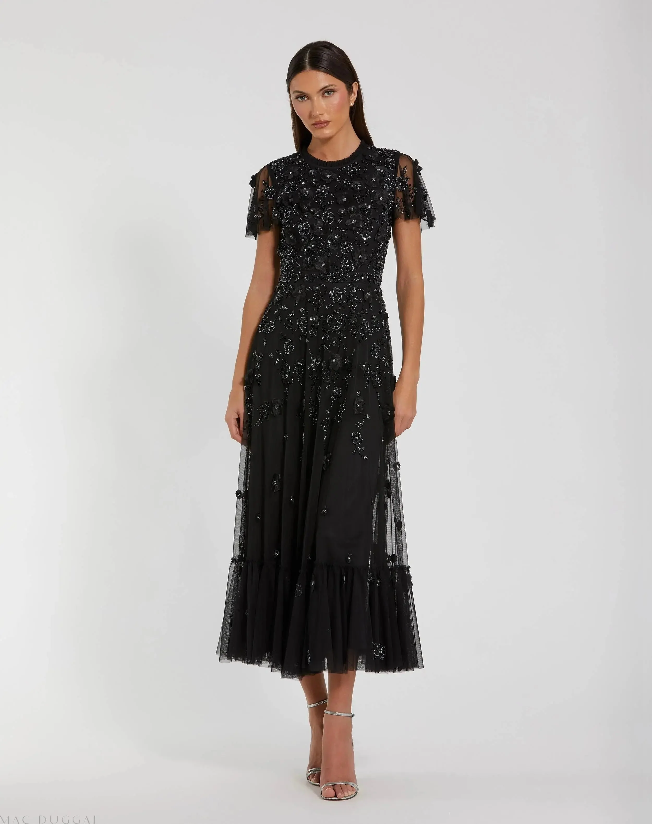 Black Embellished High Neck Flutter Sleeve A Line Dress