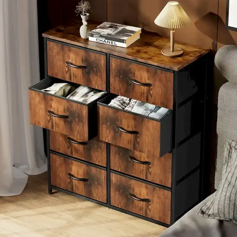 Tall Dresser with 8 Drawers, Fabric Chest of Drawers with Wood Top and Steel Frame