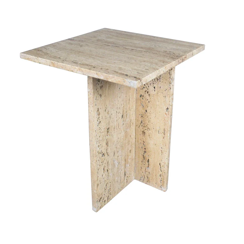 Travertine / Gray Beige Natural Marble T-Shaped End Table, Mid-Century Style, 1-Person