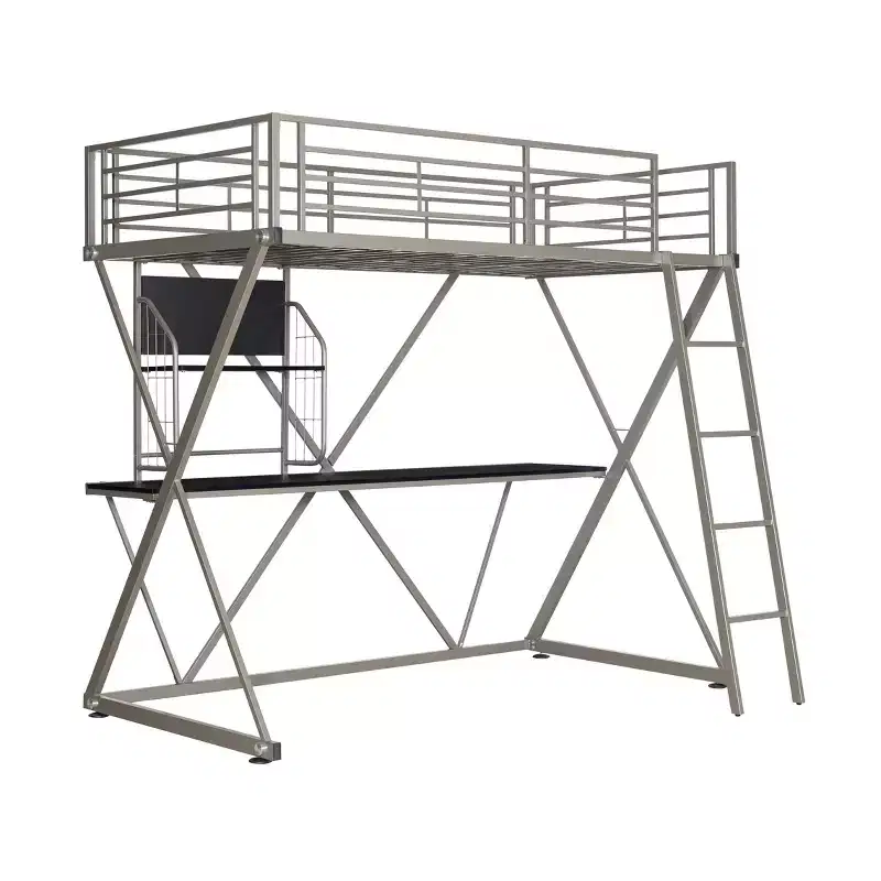 Powell Zachary Modern Industrial Pewter Metal Kids' Twin Loft Bed with Built in Study Desk