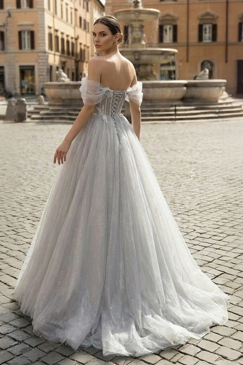 Gray A-Line Off the Shoulder Tulle Prom Dress, Lovely Corset Floor Length Party Dress