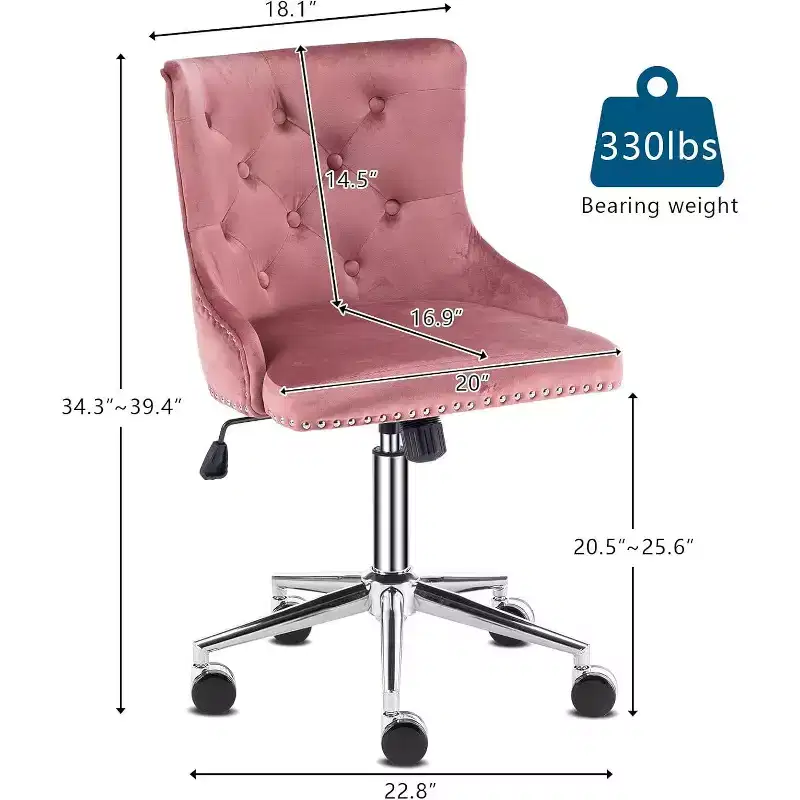 VINGLI Velvet Office Chair - Modern Upholstered Desk Chair with Adjustable Height, Tilting Mechanism, and Rolling Wheels - Pink