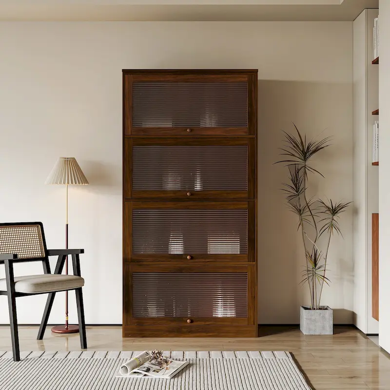 Walnut Brown / White Glass Door Storage Cabinet – Flip-Up Style, 1-Person Assembly