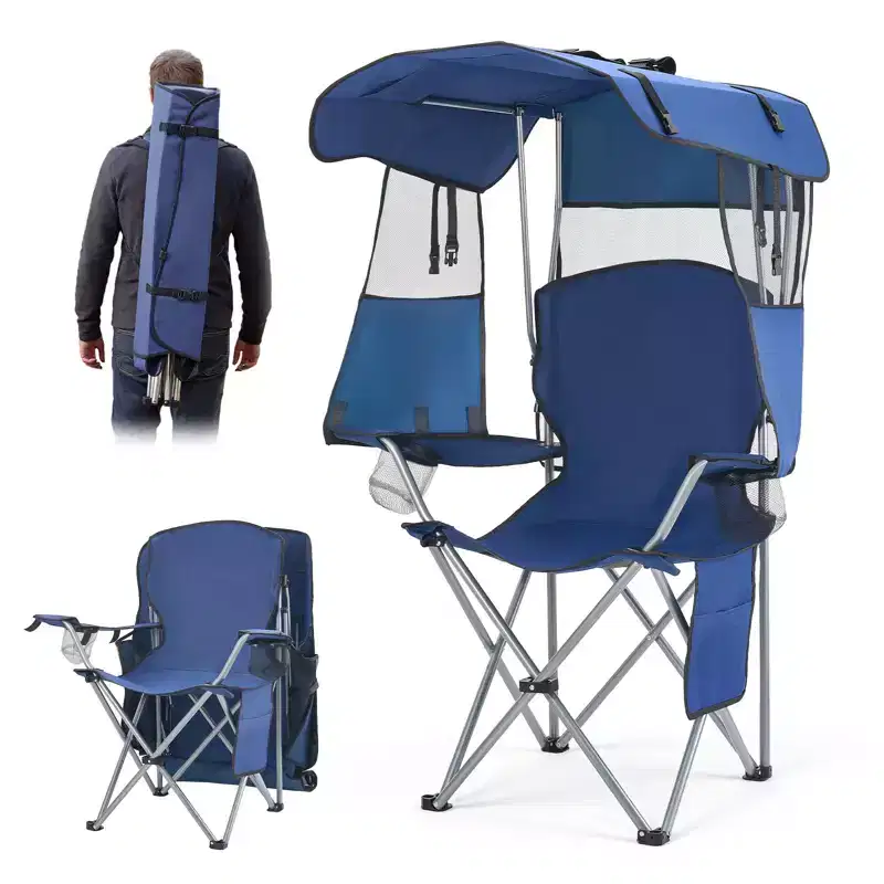 VEVOR Camping Chair with Canopy Shade, Folding Beach Chair with Canopy & Magazine Pocket, 2 Cup Holders, 330 lbs Heavy Duty Support, Carry Bags, Blue