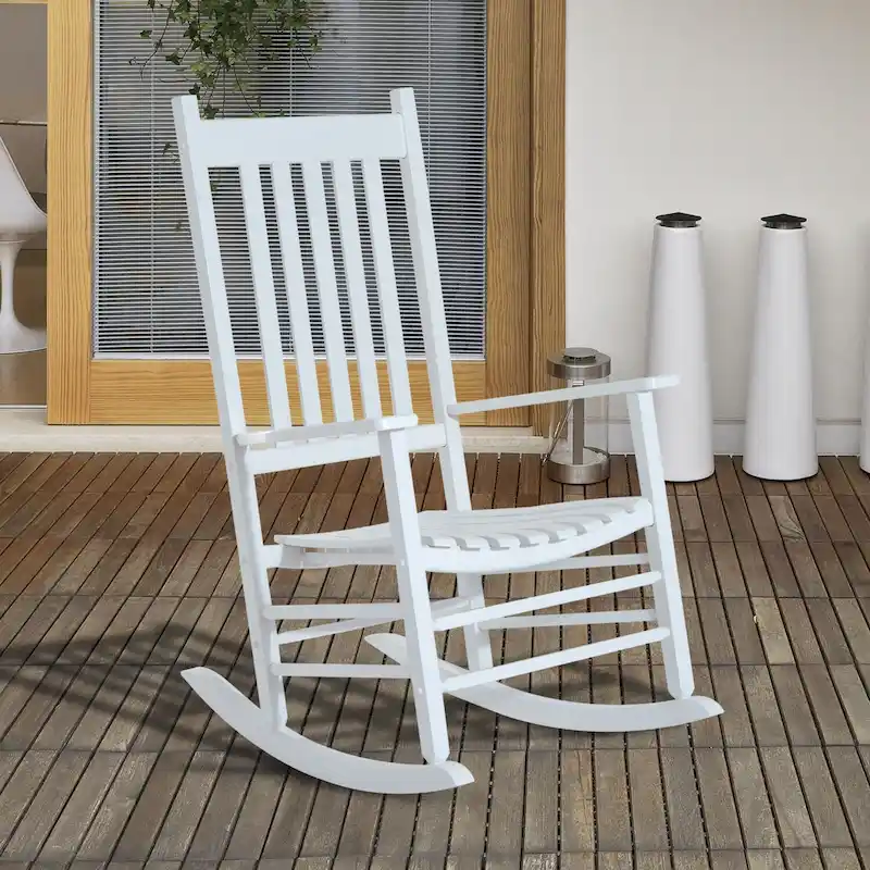 Outsunny Wood Rocking Chair Rocker with Slatted Back, White